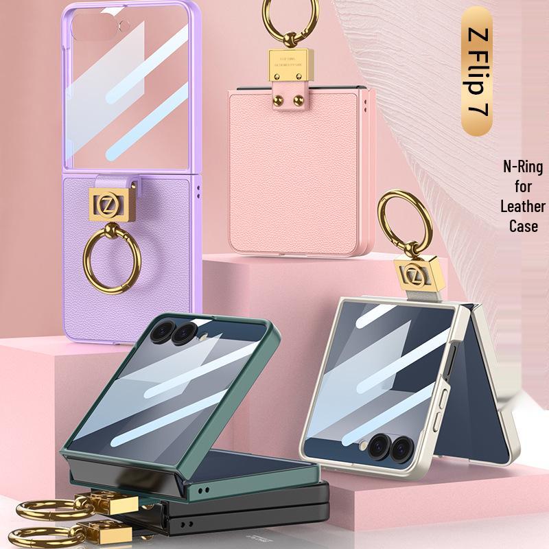 Samsung Z Flip7 Ультратонкий Премиальный Кожаный Чехол-Кольцо - Элегантный, Однотонный Защитный Чехол