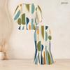 Women Plus Size Abstract Printed Two Piece Set Round Neck Batwing Sleeve Ruffle Hem Top Fishtail Skirt