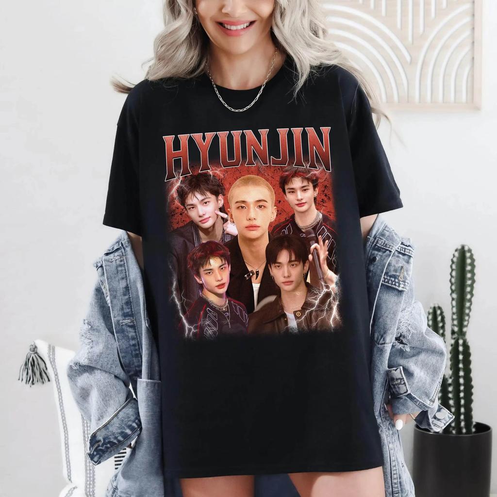 2026 Summer Hot Sale Hyunjin Stray Kids Printed T-shirt Unisex Streetwear Round Oversized T-shirt Fashion Trendy Print Crew Neck Casual T Shirt