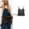 Spring New Women Clothes French Style Pure Desire Wind Wave Wide Swing V-neck Fine Sling Denim Top 8197064