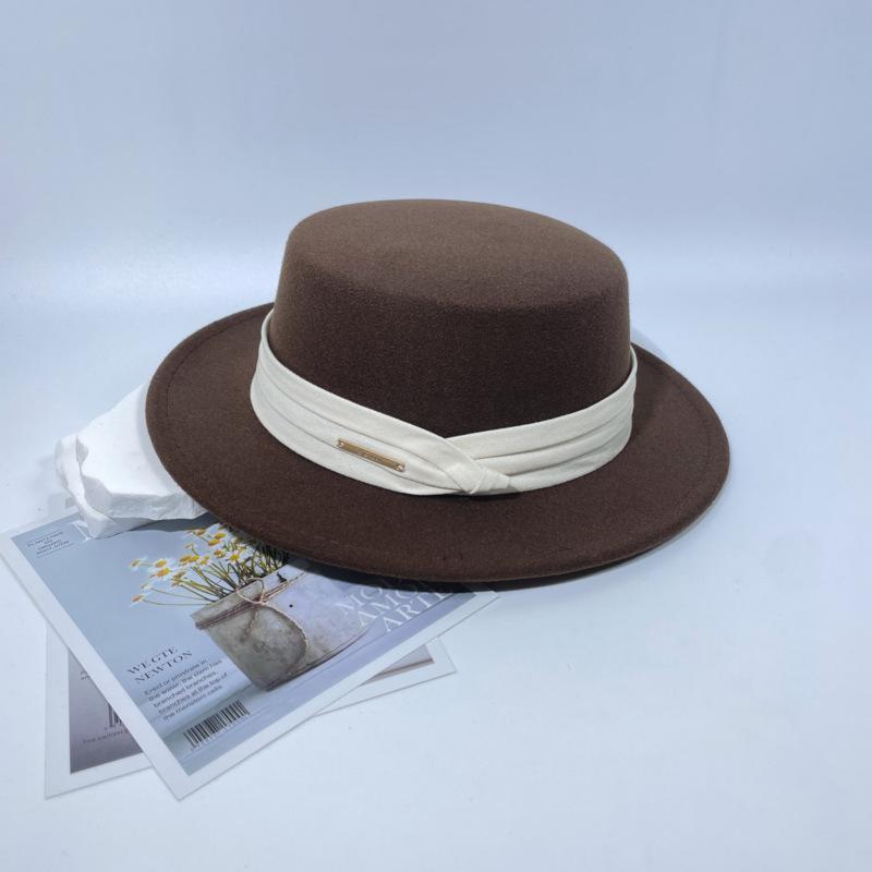 New top hat French retro British flat-top woolen hat women's autumn and winter fashion versatile temperament felt hat men