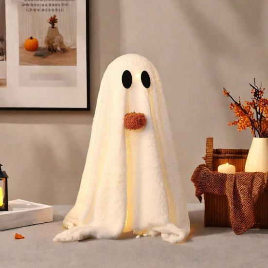 Light-Up Sherpa Ghosts with Pumpkin Cute Ghost Tabletop Decoration