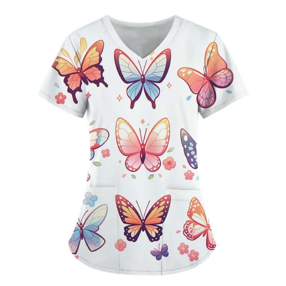 Women's T-shirt V-neck Nurse Uniform Commuting Comfortable Short Sleeved Butterfly Printed T-shirt for Women