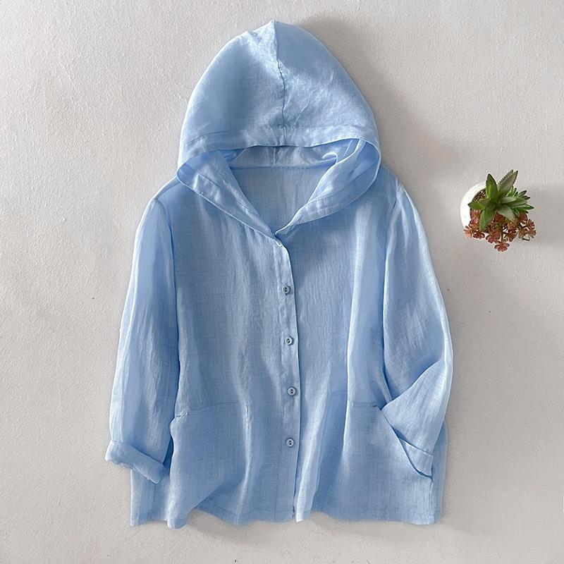 Тонкая льняная толстовка с капюшоном для женщин больших размеров, летняя модная, шикарная, элегантная, свободная, повседневная, для отдыха, с защитой от солнца, с кондиционером