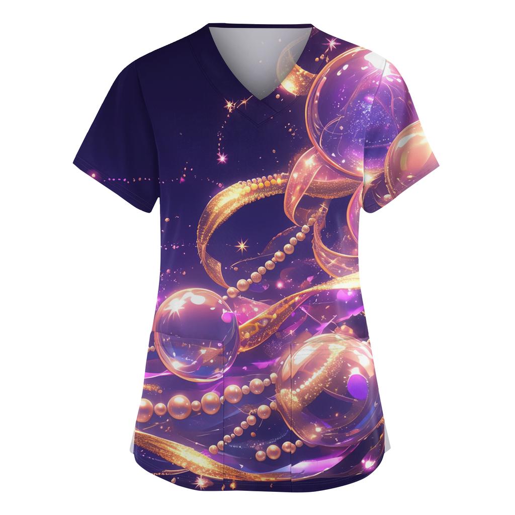 Женский модный рабочий топ с V-образным вырезом, принтом, короткими рукавами, карманом, боковым разрезом, базовый пуловер