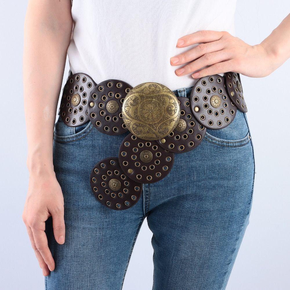 Exaggerated Cowboy Disc Belt Western Style Wide Disc Belt Hollow Belt for Women