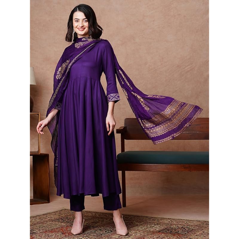 GoSriKi Women's Rayon Blend Solid Anarkali Kurta with Pant & Dupatta (Magic-Green-NDM-GS_M_Green_Medium)