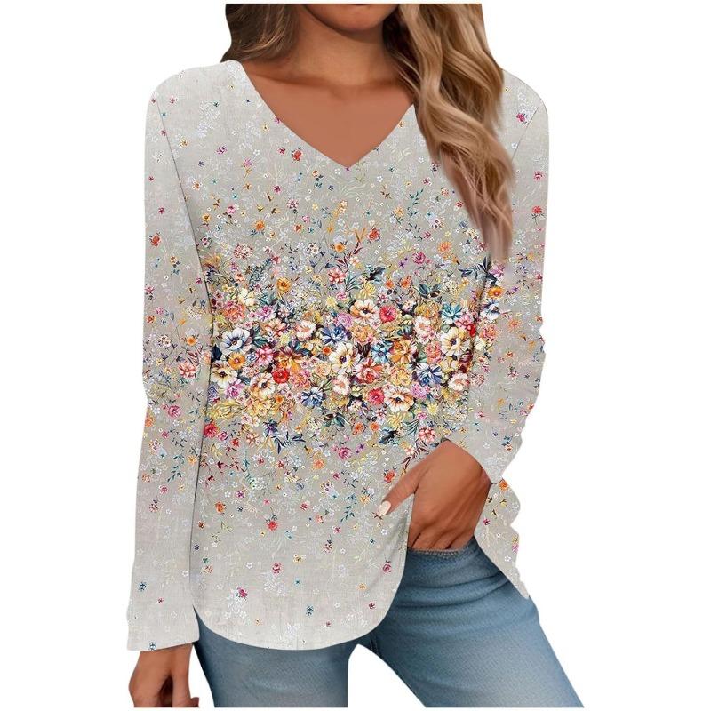 Womens Long Sleeve Tops V Neck Shirts Casual 3D Flower Print Basic Trendy Tee Blouses Fall Tunic Outfits Fitted T Shirts