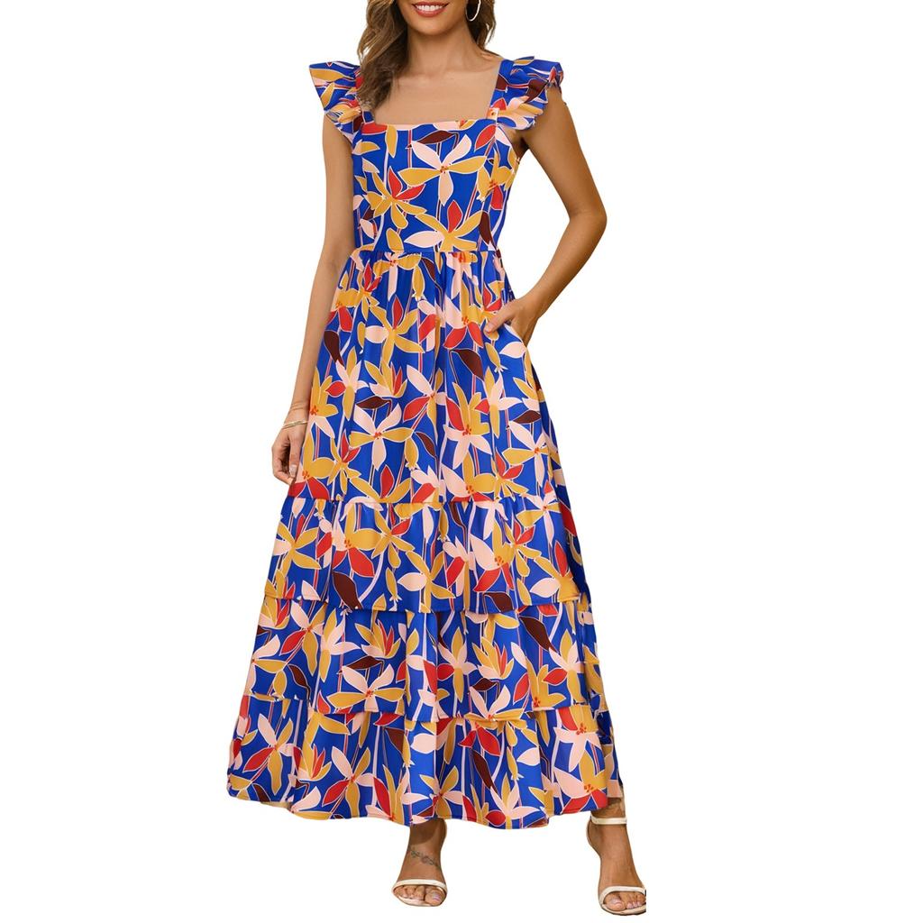 Women's Summer Dresses Casual Ruffled Ruched Tiered A-Line Boho Floral Long Beach Sundress With Pockets