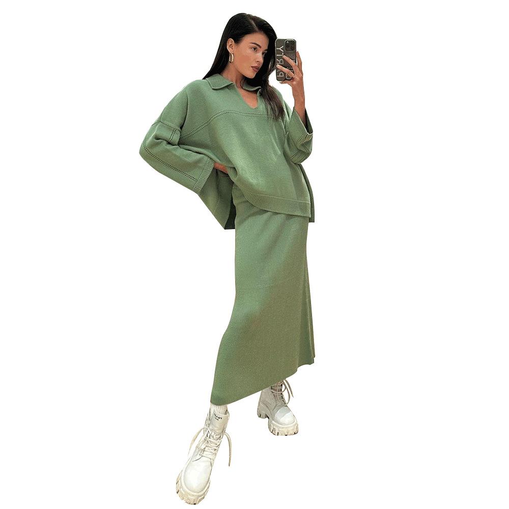 Женские комплекты из 2 предметов: свитер, юбка, повседневный трикотажный топ с длинным рукавом и V-образным вырезом, миди-платье, осенне-зимний трикотажный пуловер, облегающая юбка для женщин