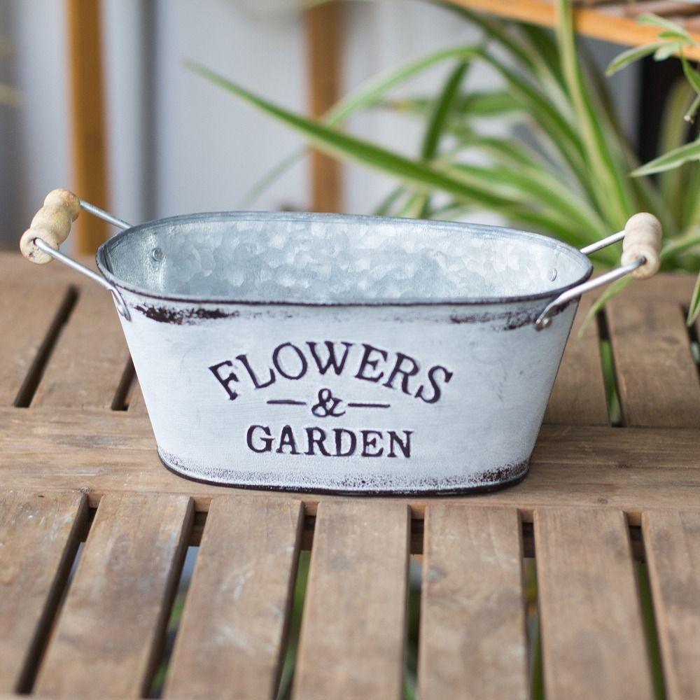 European Style Iron Oval Flowerpot Rustic Wooden Flower Bucket Retro Flower Vase  Balcony