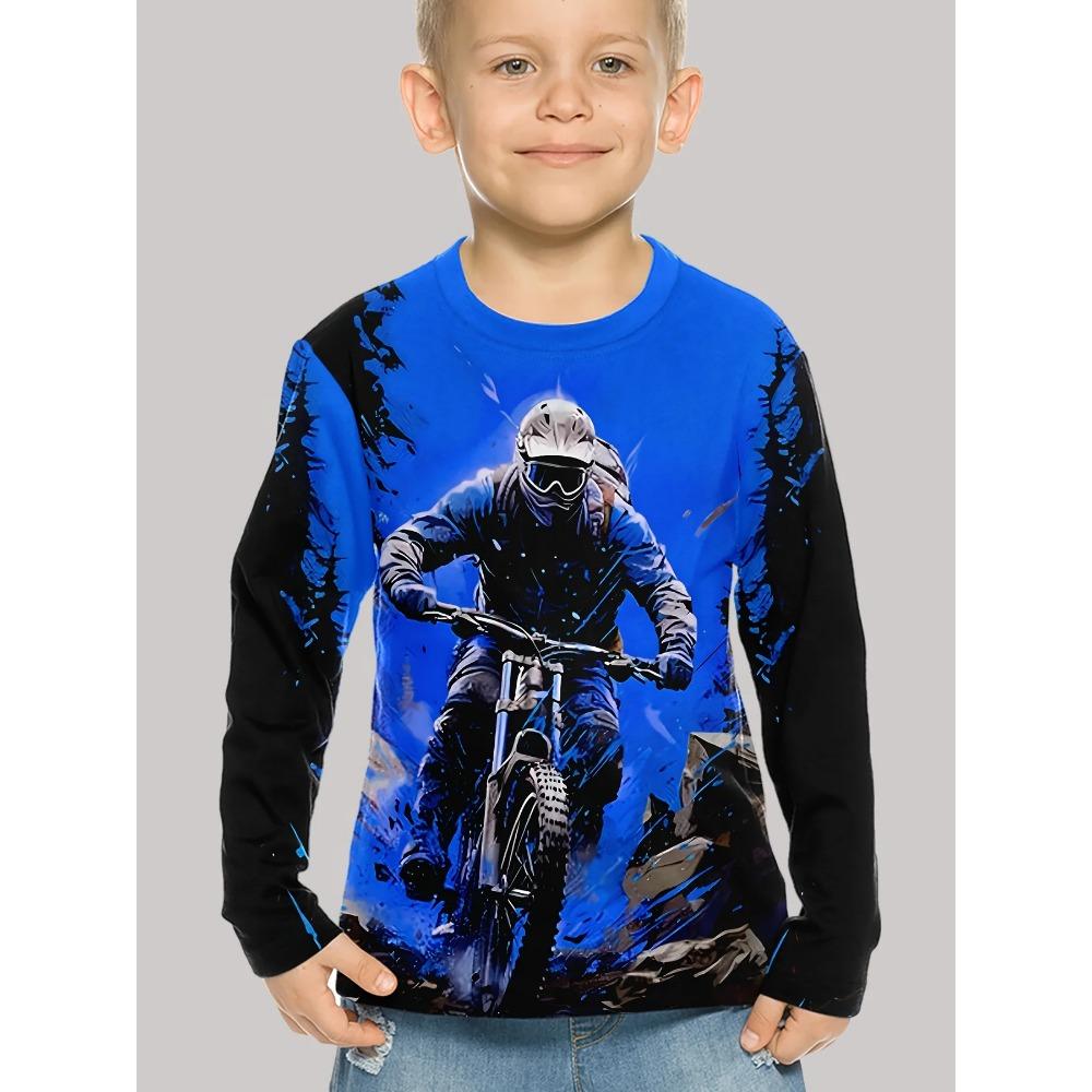 Spring and Autumn Round Neck Motorcycle Pattern 3D Printed Top Fashionable Casual Long Sleeved Children's Boy T-shirts