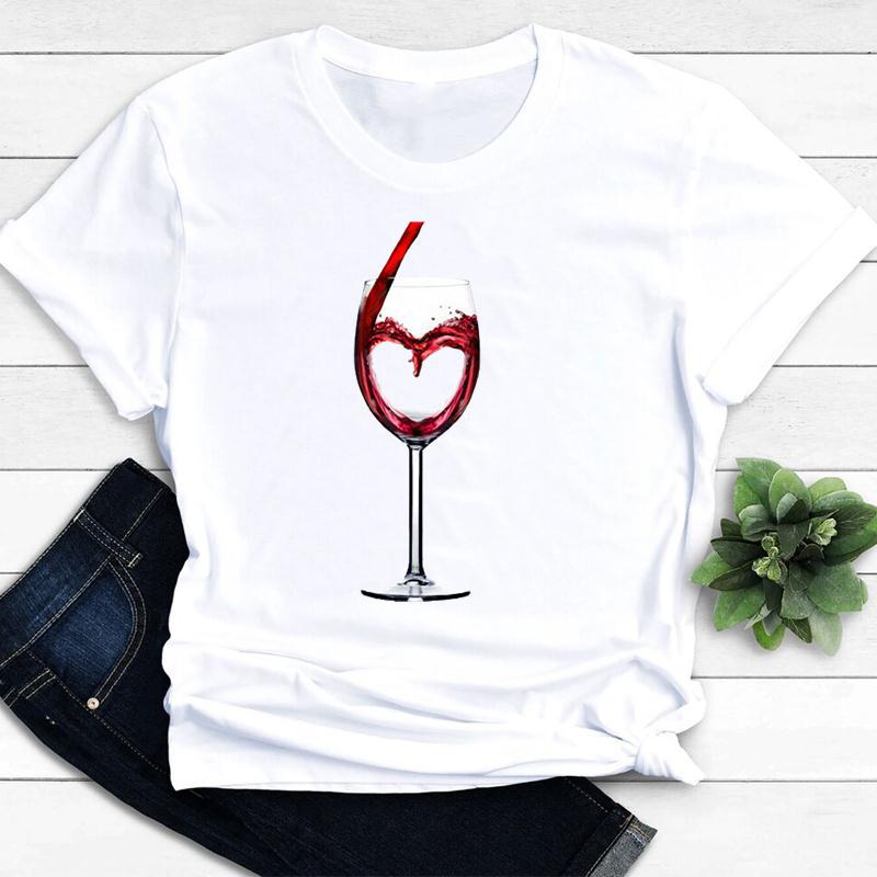 Women's Vintage Tee Color Wine Glass Print a Generation Hair Base Shirt Trend Aesthetic Graphic T Shirts Casual Tops