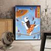 Solid Wood Frame Japanese Floating Samurai Cat Canvas Painting Retro Style Posters and Prints Wall Art Pictures for Living Room Wall Decor