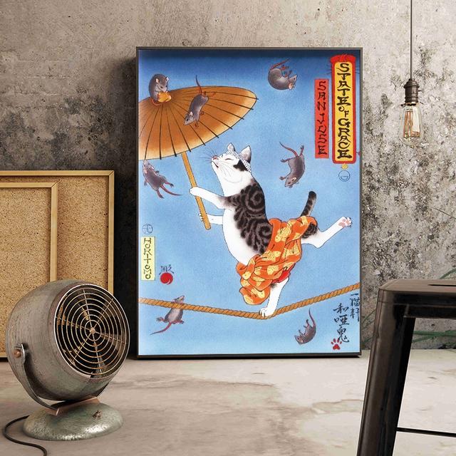 Solid Wood Frame Japanese Floating Samurai Cat Canvas Painting Retro Style Posters and Prints Wall Art Pictures for Living Room Wall Decor