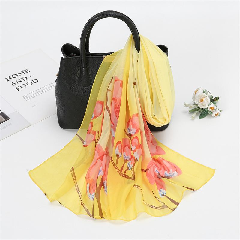 Scarves Natural Style Spring and Autumn Printed Flowers and Birds Rectangle Sun Protection Chiffon Scarf