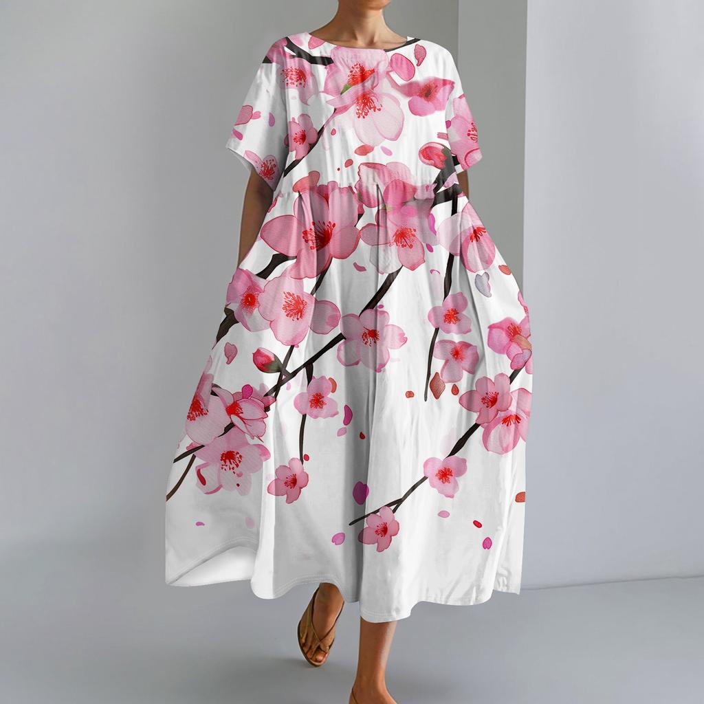 Women's Fashionable Print Round Neck Short Sleeved Loose Hem Pocket Dress