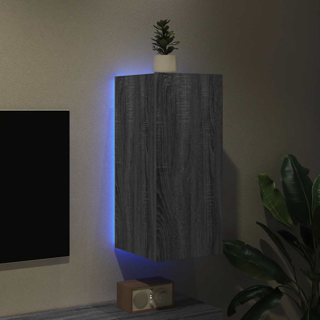Wall Mounted TV Cabinet with LED Lights Grey Sonoma 30.5 x 35 x 70 cm