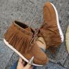 2024 Bohemian Style Tassel Ankle Boots Women's Retro Faux Suede Buckle Strap Booties Women's Plus Size Flat Heel Women's Shoes