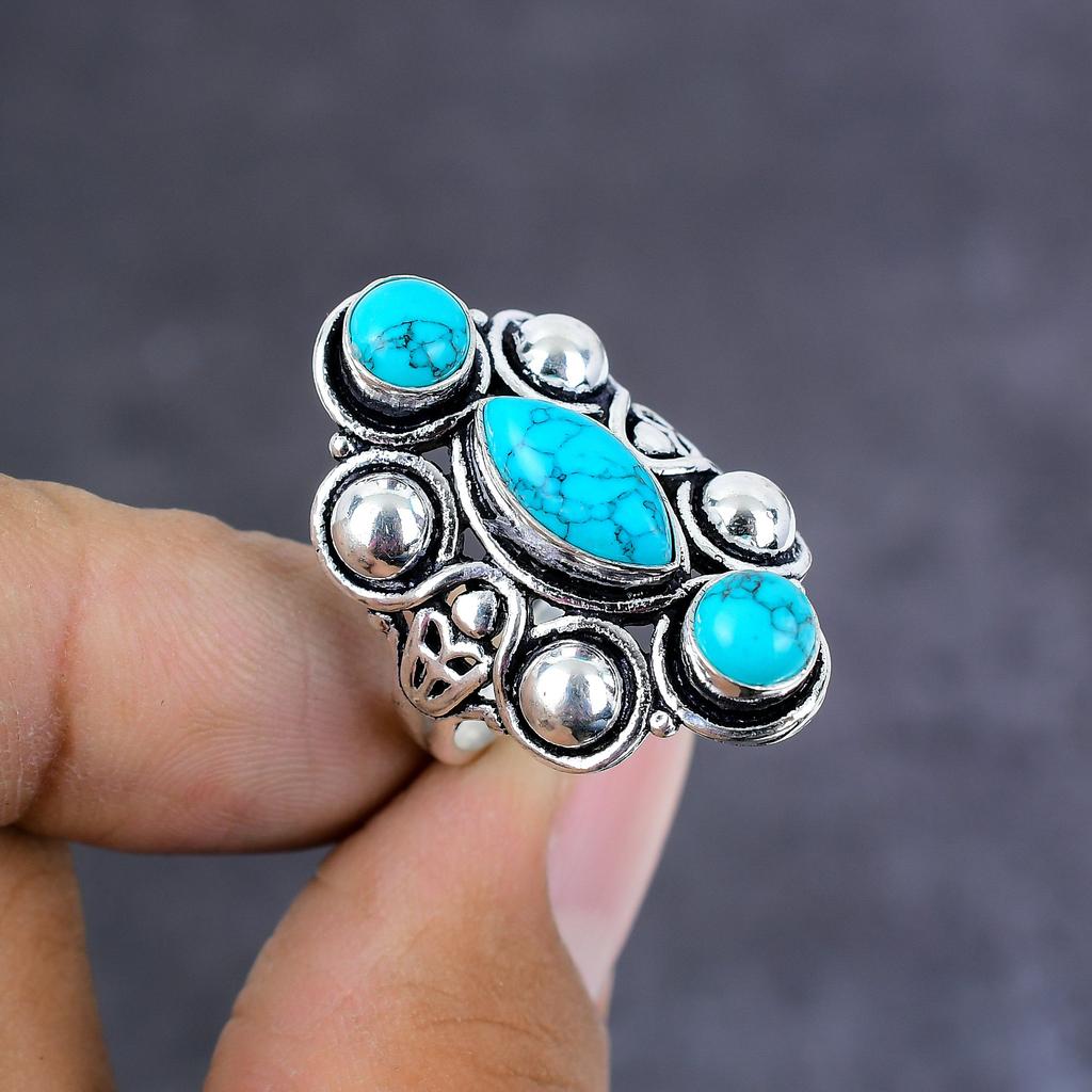 Natural Turquoise Gemstone Handmade 925 Sterling Silver Jewelry Ring Size 7 z0B73