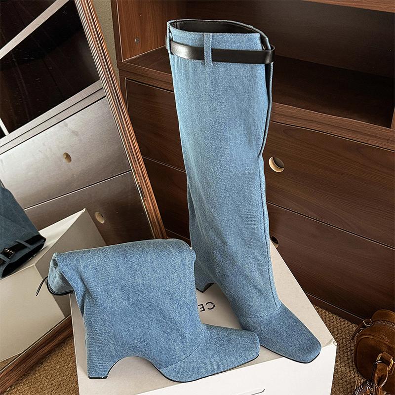 Модные ботфорты для женщин Дизайнерские туфли на высоком каблуке Модная обувь Зимнее платье Массивные высокие сапоги 2025 Новые Сексуальные Готические Женские Ковбойские Сапоги