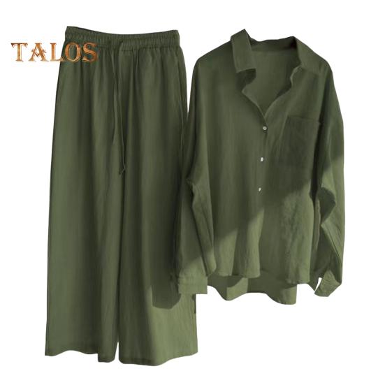 2 шт./компл., женская рубашка больших размеров, комплект брюк, сплошной цвет, блузка с воротником с лацканами и длинными рукавами, высокая талия, свободные широкие брюки, комплект, повседневная одежда для поездок на работу