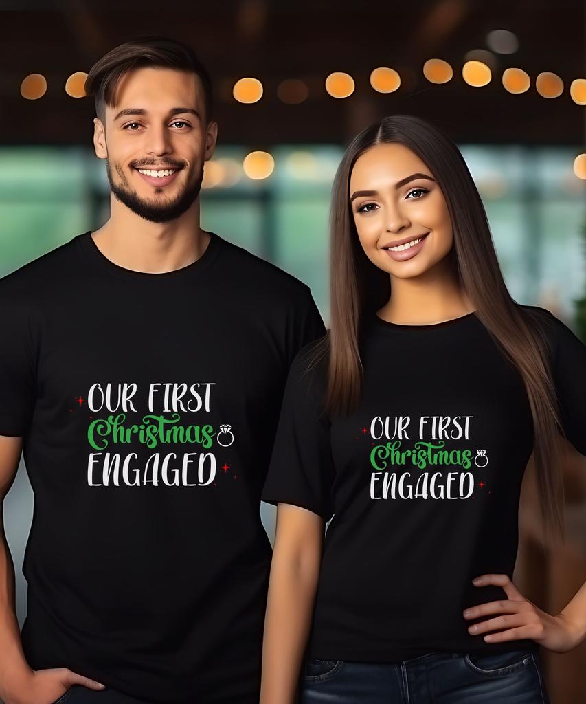 Christmas Engaged T-Shirt, Couple Match Engagement Tee, Festive Matching Couple Gift