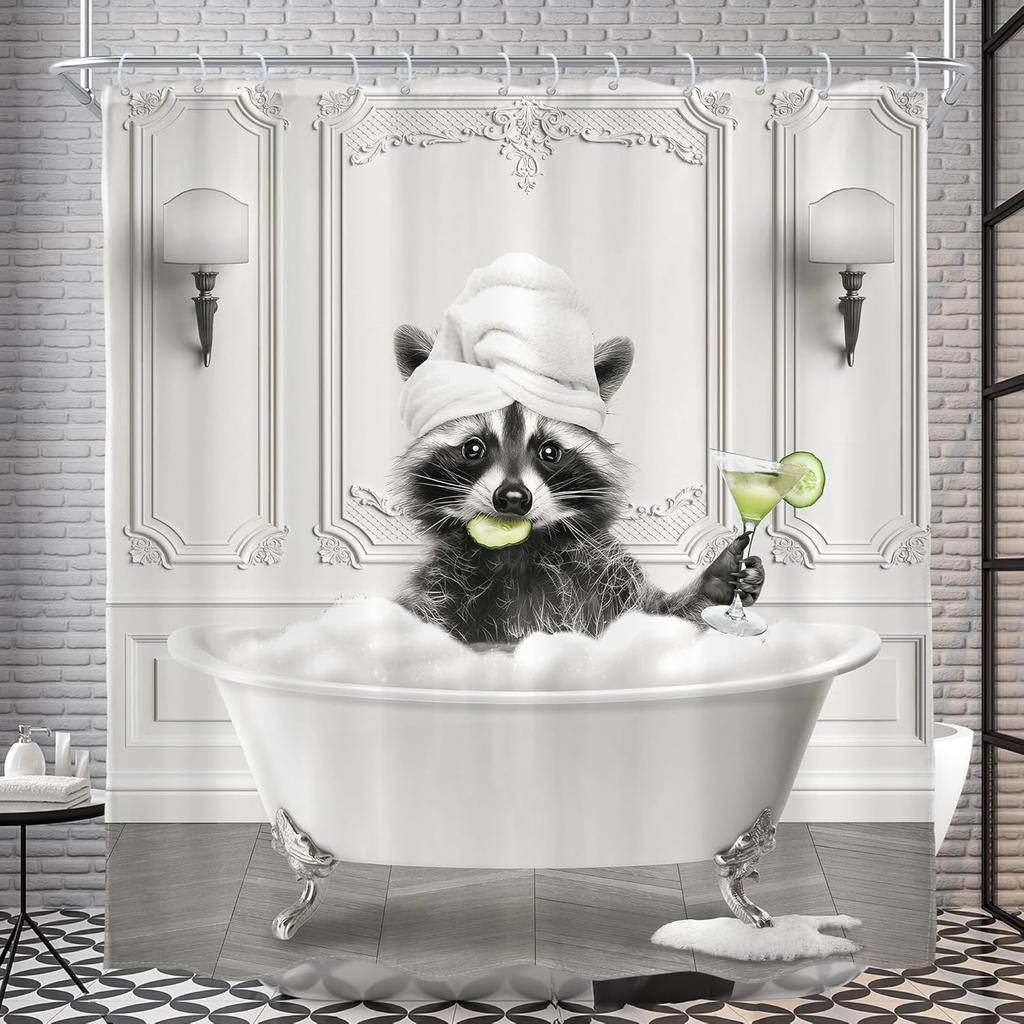 Cool Mens Funny Raccoon Shower Curtain Cute Gray Grey Animal in Bathtub Hilarious Modern Fun Artwork Cloth Fabric Waterproof