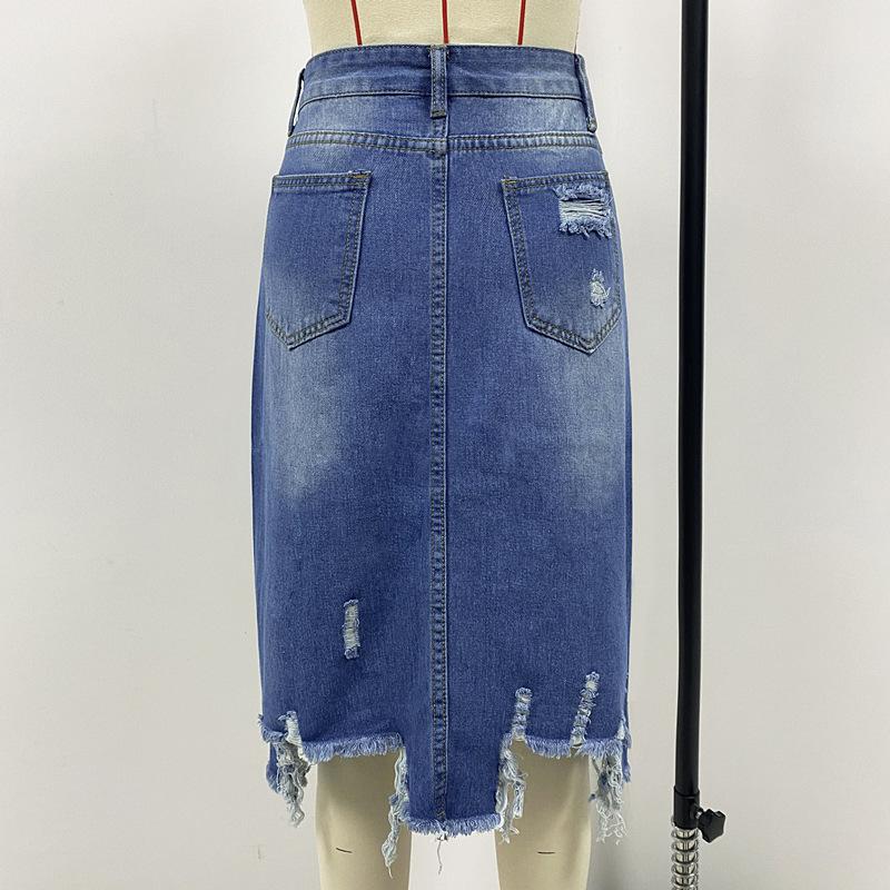 Летняя женская джинсовая юбка, темперамент, юбка средней длины с нерегулярными отверстиями и кисточками