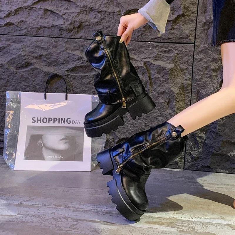 6CM Soft Leather Ankle Mid Calf Boots Winter Autumn High Platform Wedge Modern Booties Woman New Ladies Chunky Motorcycle Boots