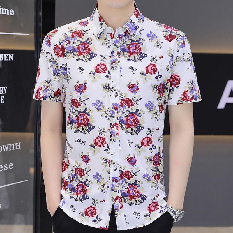 Printed Short-sleeved Shirt Men's Summer Trend Handsome Ice Silk Shirt Casual Handsome Summer Fashion Men's Inch Clothes