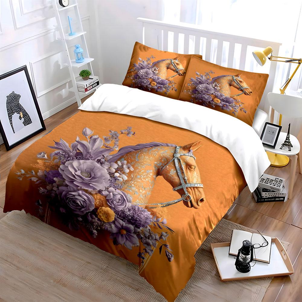 Elegant Horse with Floral Design Bedding Duvet Cover Set (1*Duvet Cover 2*Pillowcases, without duvet insert)