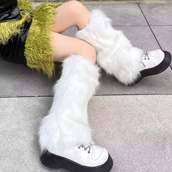 1 Pair Winter Calf Covers Faux Fur Fuzzy Anti-slip Solid Color Elastic Thickened Daily Wear Sports Outing Leg Warmers