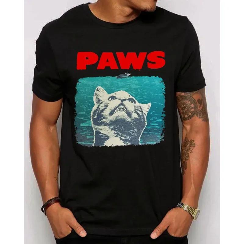 Paws Jaws parody unisex T-shirt. Funny cat lovers 2019 flash print cotton slim fit crew neck cu