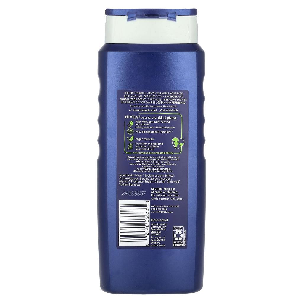 Nivea Men's, 3 In 1 Body Wash, Relax, Lavender + Sandalwood, 16.9 Fl Oz (500 Ml)