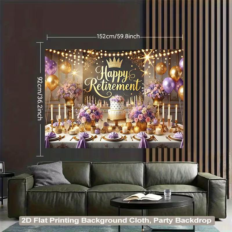 Elegant Retirement Backdrop, Sophisticated Black, Purple and Gold Party Scene with Crown, Lights and Balloons, Festive Luxury Wall Decor