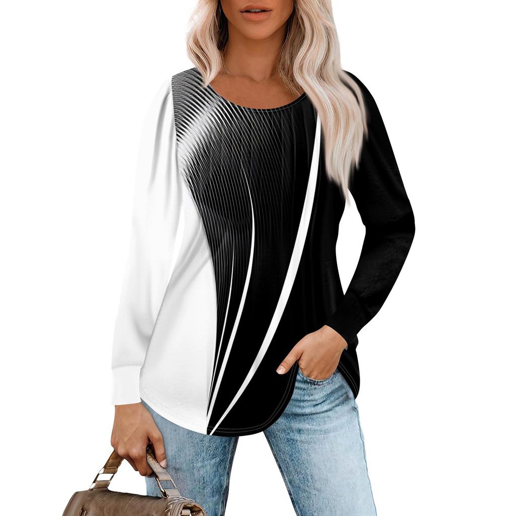 Женская модная повседневная плиссированная футболка с круглым вырезом и принтом, с длинным рукавом