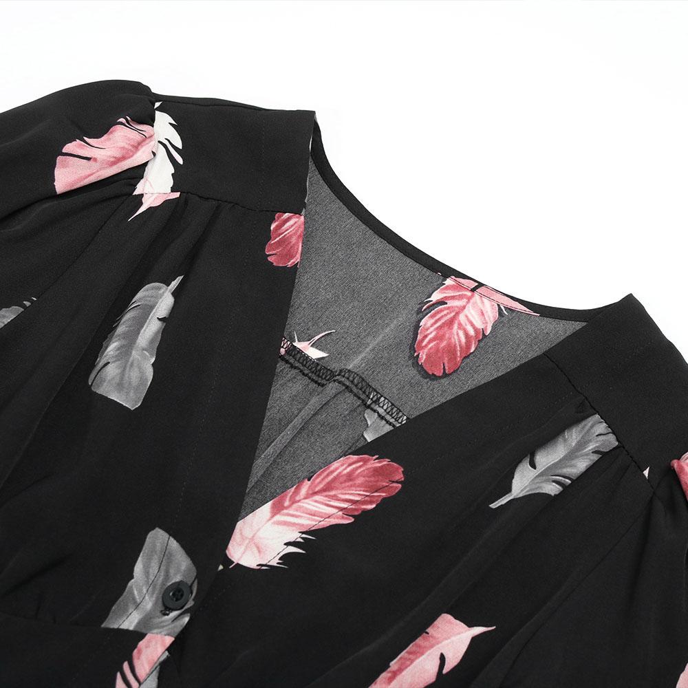 Casual Print Single Breasted Spring Summer Dress Short Sleeve V Neck High Waist Medium Long