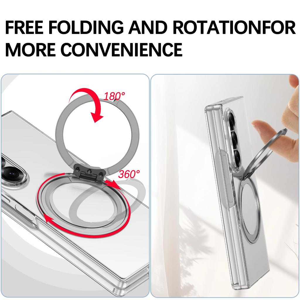 Transparent 360° Rotating Magnetic Holder Phone Case for Samsung Galaxy Z Fold 7 6 5 4 3 Wireless Charging Hard Shockproof Cover