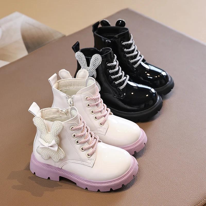 Детские ботинки для девочки Глянцевая кожа ПУ Принцесса Платформа Ботильоны Модные Универсальные Детские Подиумные Ботинки Милые Милые Зайчик