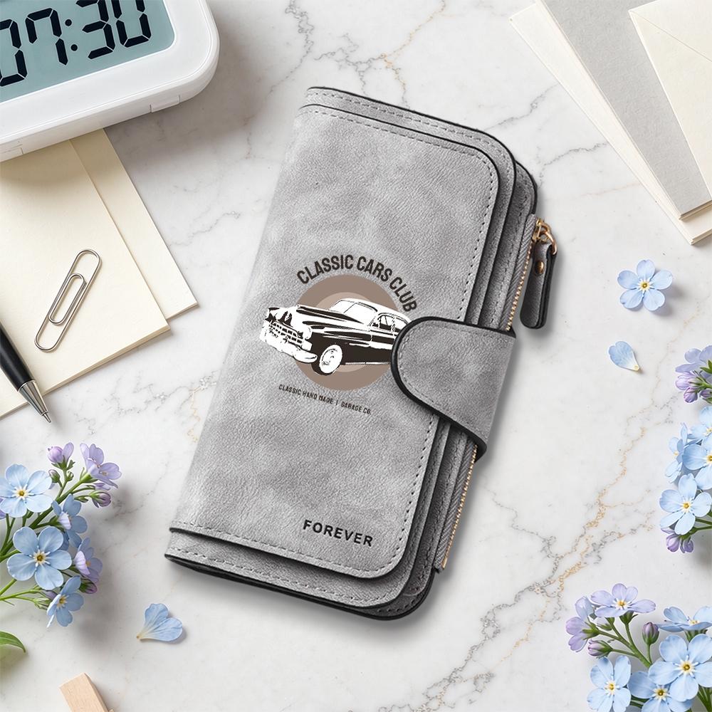 Vintage Car Printed Long Wallet Classic Design Multi Slot Portable Purse for Daily Use