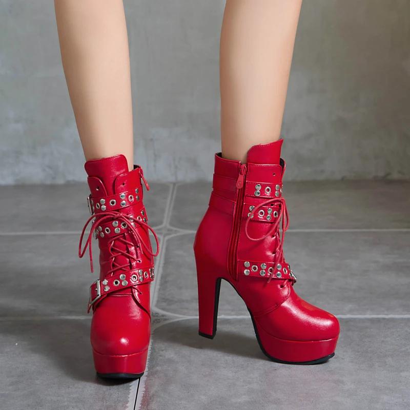 Big Red Women's Ankle Boots Platform White Yellow Lace up High Heels Short Boot Female Autumn Winter Unisex Shoes Sexy