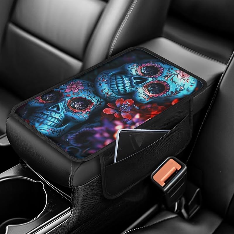 Чехол на центральную консоль автомобиля с принтом черепа, нескользящий чехол на подлокотник для автомобиля, универсальные защитные чехлы для подлокотников, подходят для автомобилей, внедорожников, декоративные чехлы для автомобилей