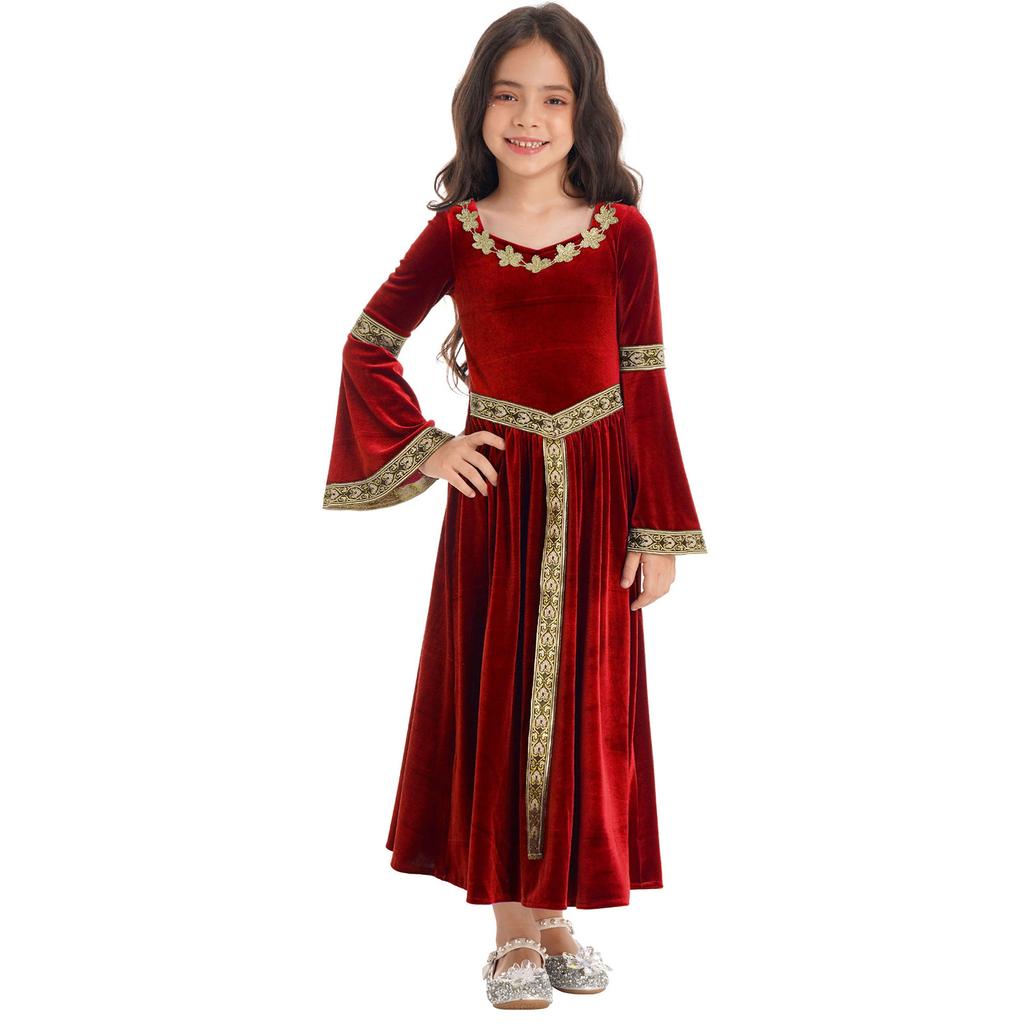 Kids Girls Stylish Medieval Princess Long Flare Sleeve Vintage Pattern Dress