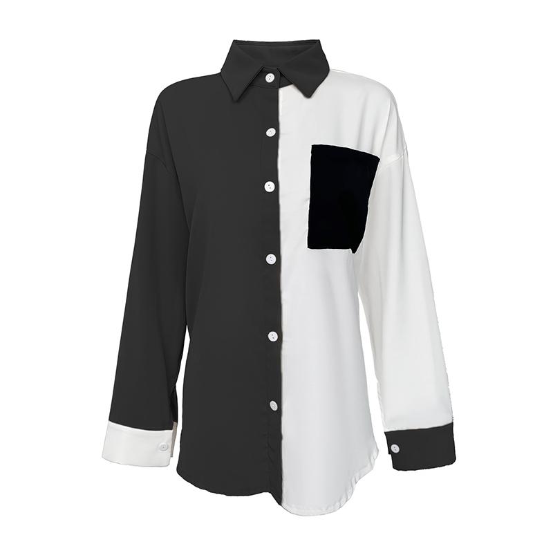 Long Sleeve Elegant Shirt Blouse White Black Button Vintage Turn Down Collar Office Ladies Shirt Casual Color Block Shirts