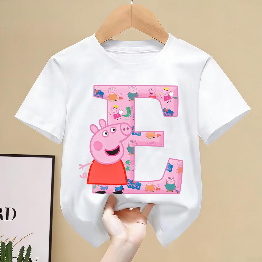Peppa Pigs T-shirt for Children Cartoon Letter A-Z Tee Top Kawaii Anime Round Collar Clothes Boys Girls White Clothing Kids Gift