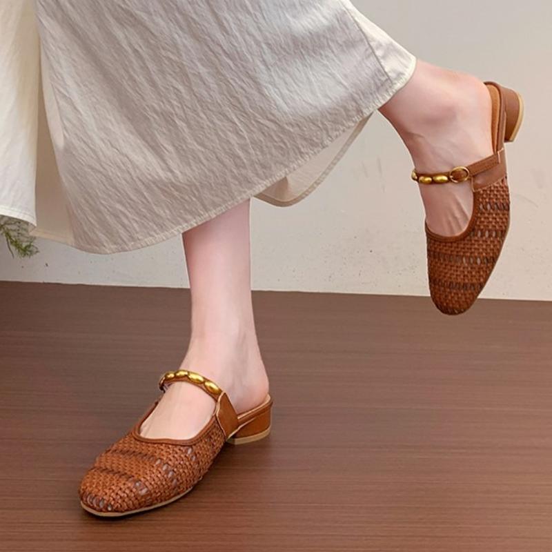 Fashion Designer Women's Weave Hollow Out Mules Slippers Fashion Shallow Slide Elegant Dress Slip-On Shoes Comfortable Ladies Footwear