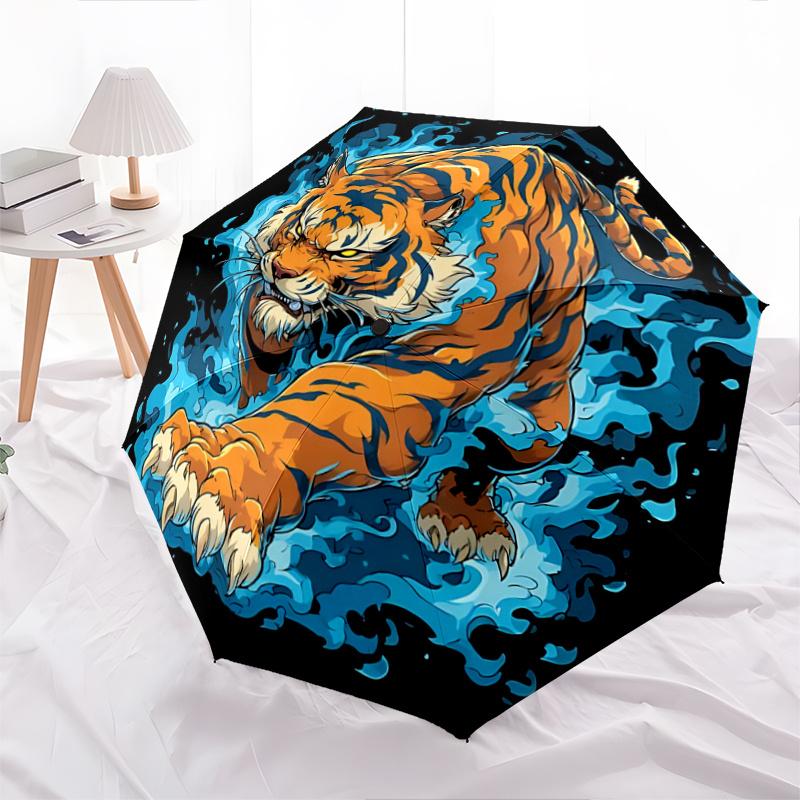 1pc Blue Flame Tiger Pattern Automatic Umbrella is Fashionable and Good-Looking, Suitable for Travel and Daily UseN012