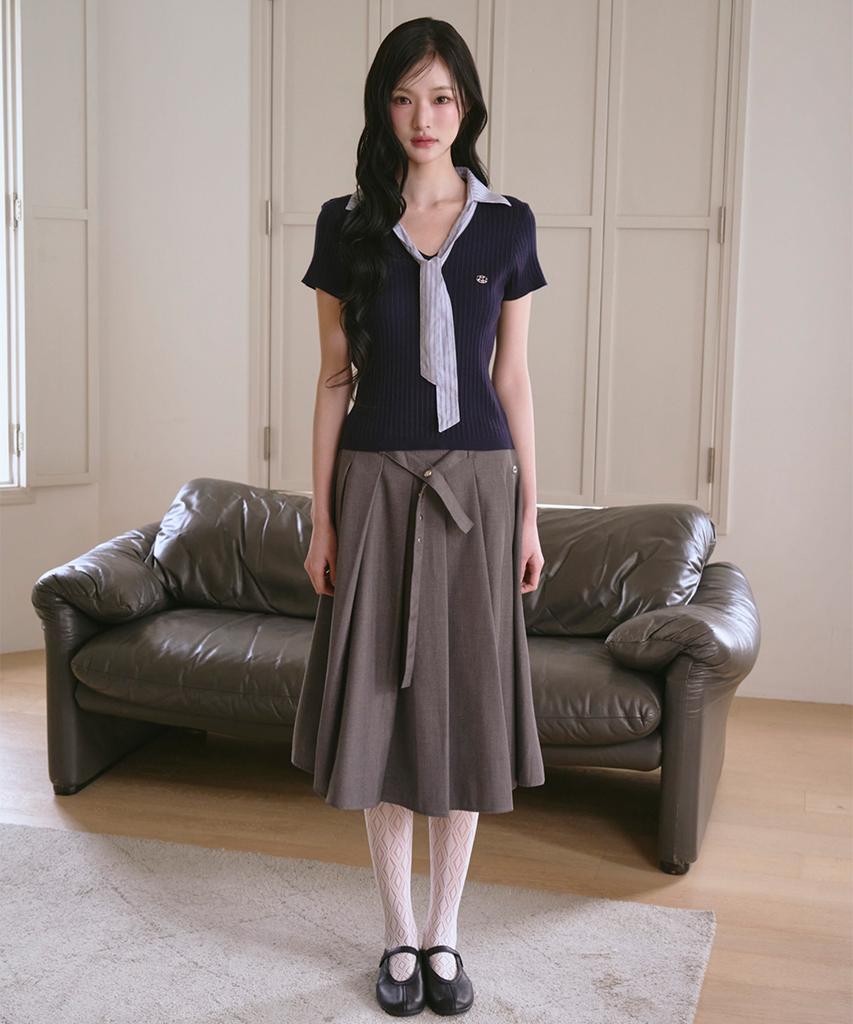 THE GREEN LAB Ribbon Tie Layered Short Sleeve Knit [Navy]
