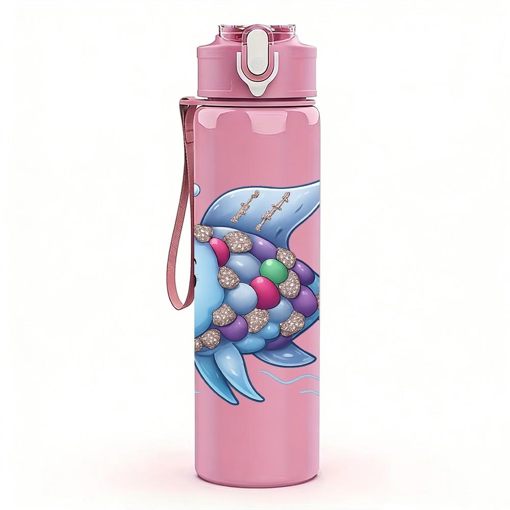 1PC Colorful Cartoon Fish 750ml Color Plastic Sports Water Bottle Leakproof Flip Straw Lid Suitable for Sports Office Home Use